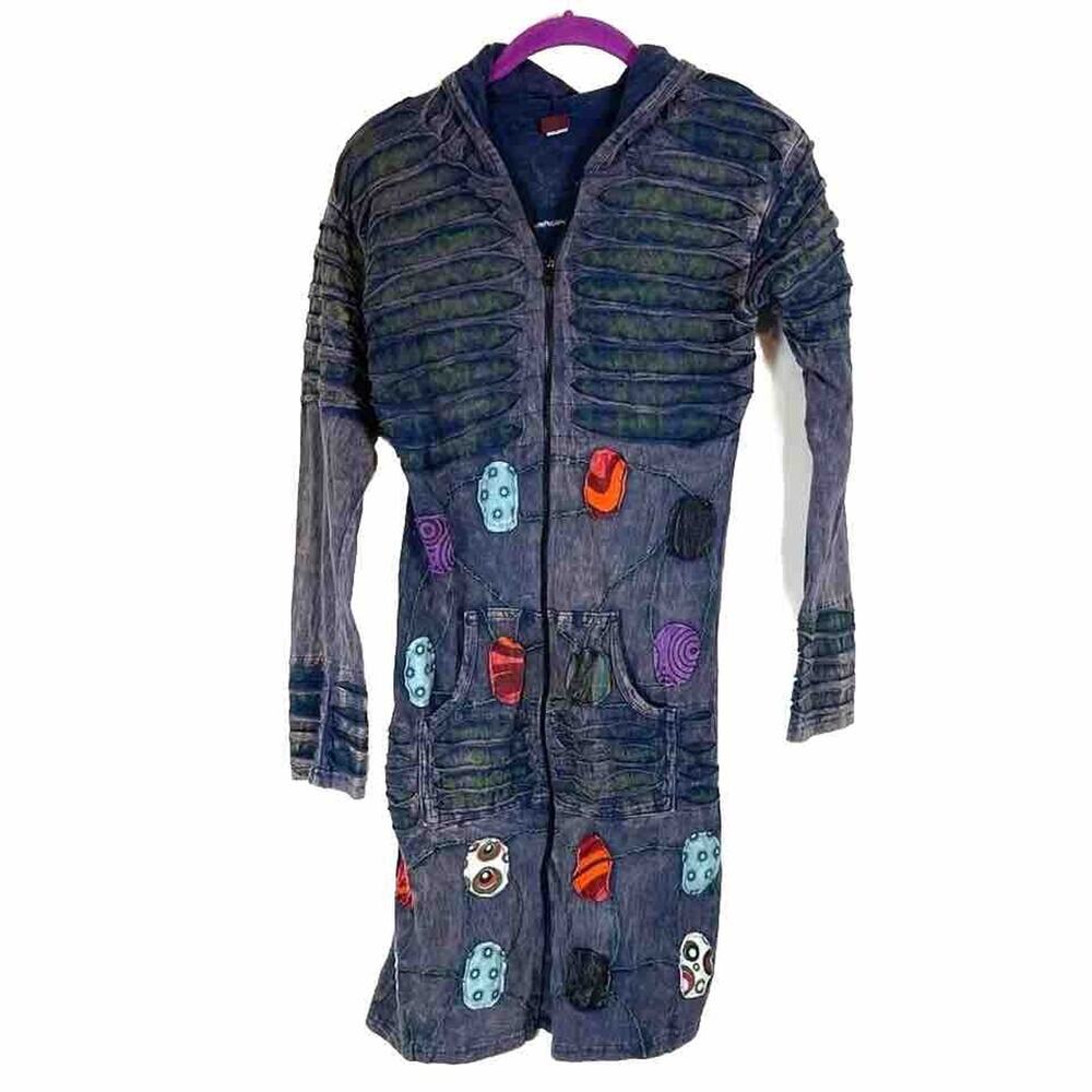 Eclectic Boho Patchwork Longline Zip-Up Hoodie Acid Wash Art to Wear Sz S KPC